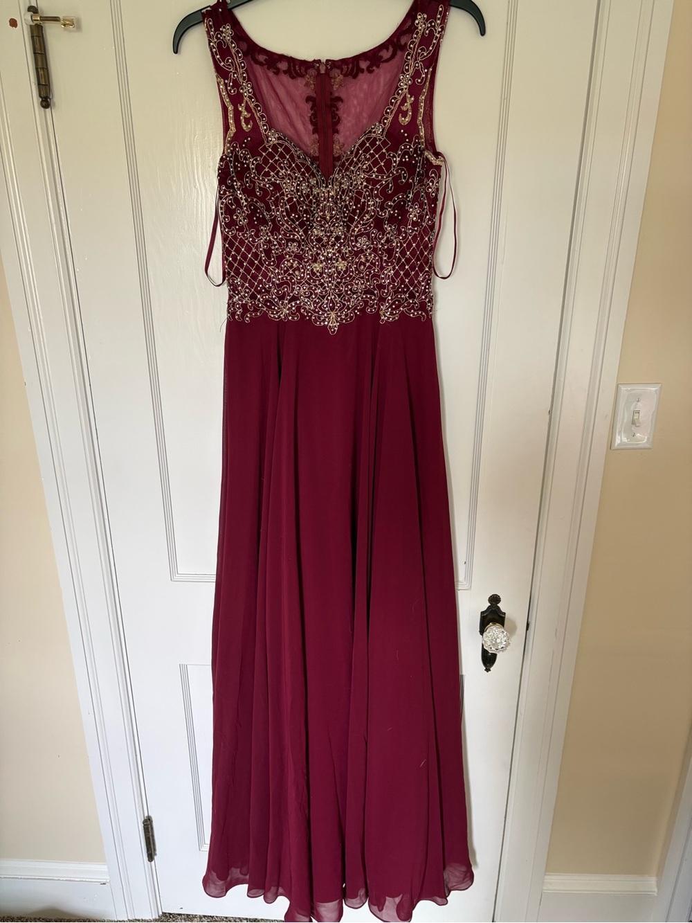 Beaded Burgundy Prom Gown with Sheer Yoke